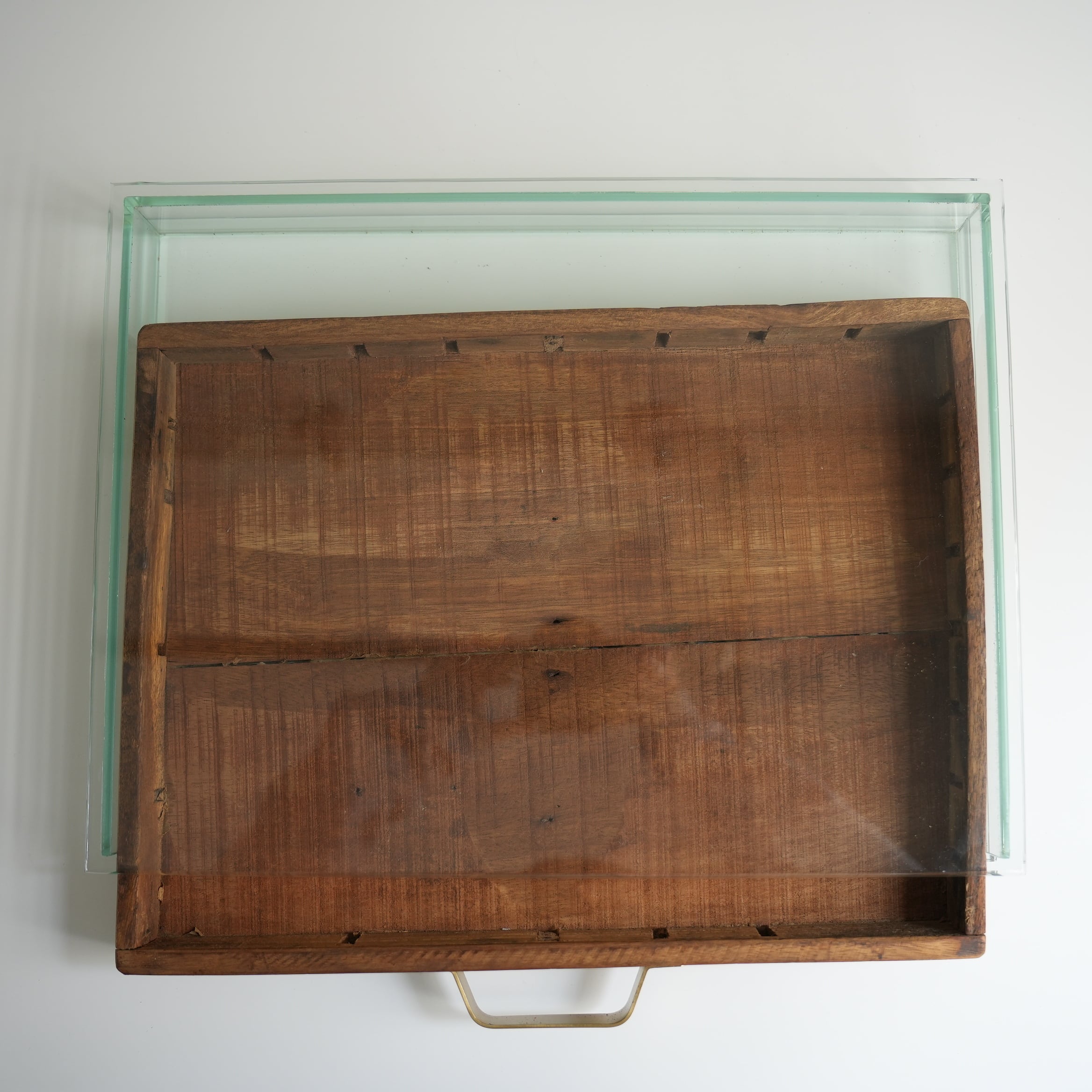 GLASS DISPLAY CASE WITH VINTAGE DRAWER