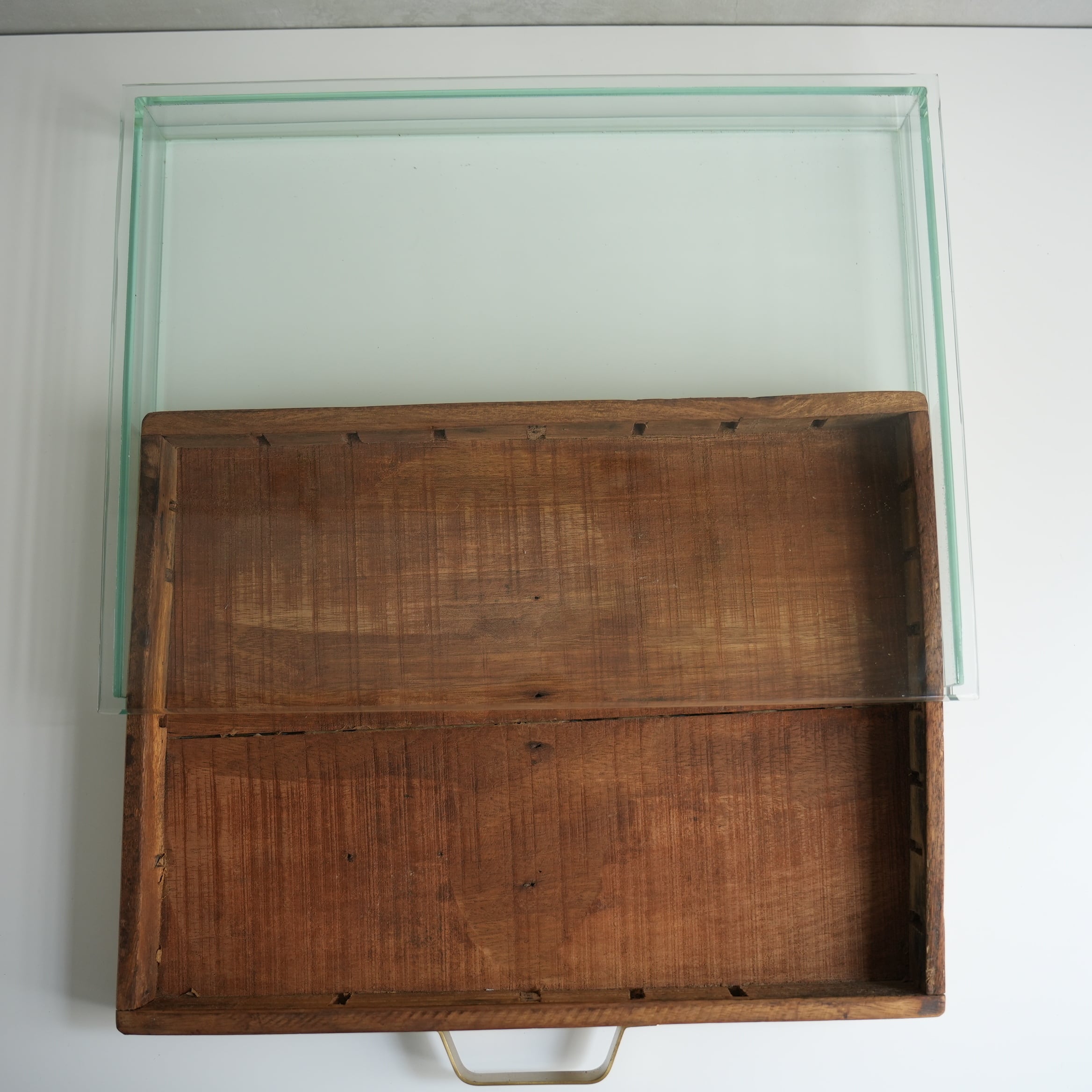 GLASS DISPLAY CASE WITH VINTAGE DRAWER