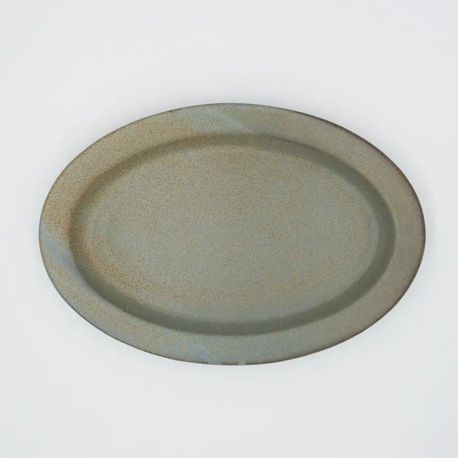 Ancient Pottery Oval Plate　Gray