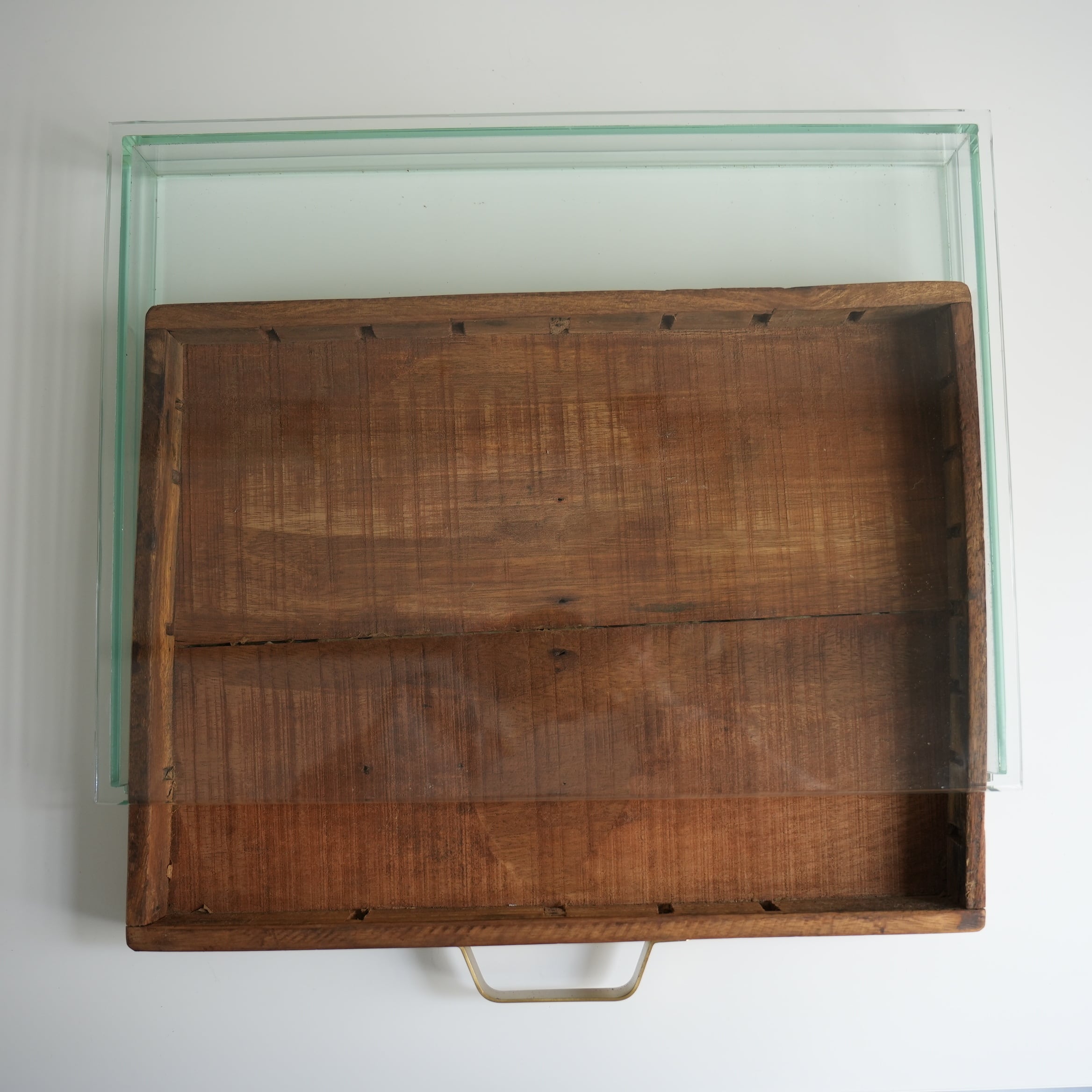 GLASS DISPLAY CASE WITH VINTAGE DRAWER